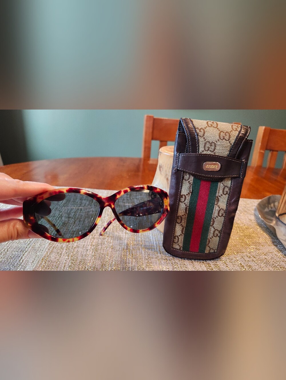 Vintage Gucci Tortoiseshell Oval Sunglasses with Signature Case